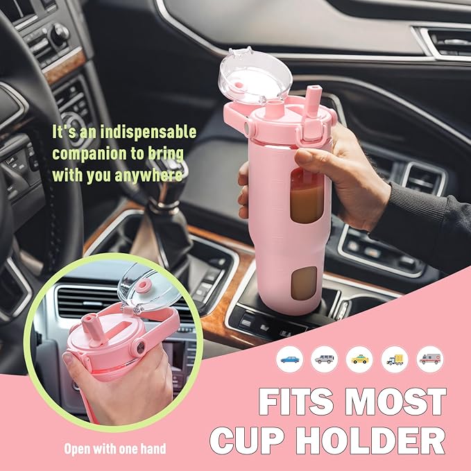 BLUEGO 32oz Glass Water Bottles with Straw Time Marker Half Gallon Large Motivational Water Bottle with Silicone Sleeve 2 Liter Large Glass Water Jug for Gym, Sports& Workout, Daily, Pink