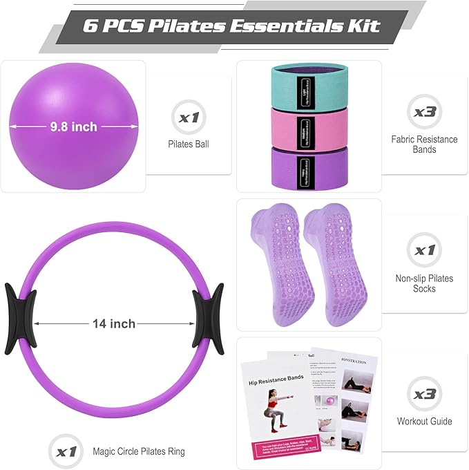 Pilates Essentials Kit for Home Women, Ring and Ball Set, Pilates Equipment for Workouts, 3 Resistance Bands, Grip Socks, 14 Inch Magic Circle, Mini Exercise Ball, Great Exercise Equipment