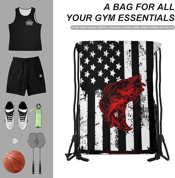 Fish Flag Drawstring Backpack Gym Bag With Shoe Compartment String Bag Sport Beach Swimming Sackpack For Women Men