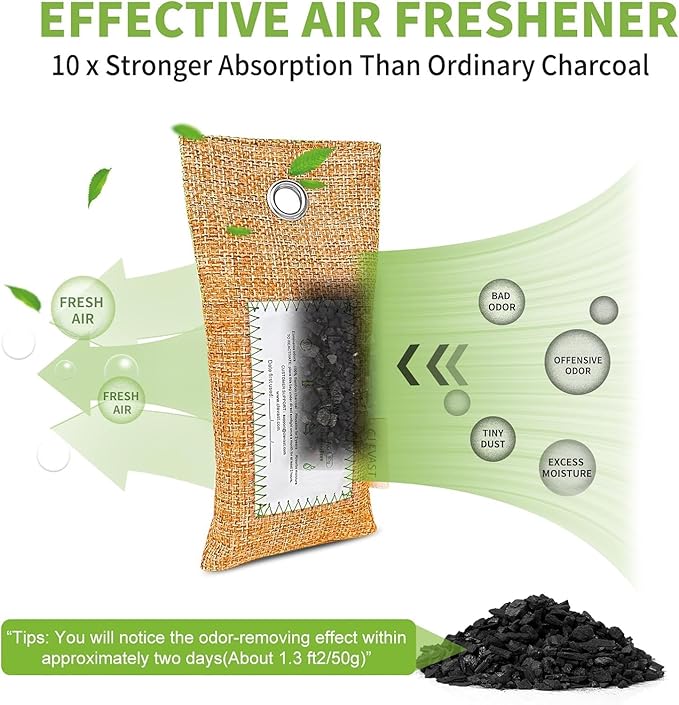 CLEVAST 6 Pack Bamboo Charcoal Air Purifying Bags(6x60g), Activated Natural Home Odor Absorber, Deodorizer and Moisture Eliminator, Purifier for Closet, Shoe, Car Air freshener, Pet Safe