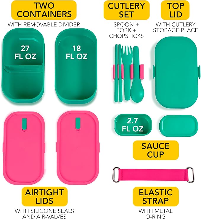 Insulated Stackable Bento Box for Adults with Reusable Chopsticks Japanese Lunch Box Microwavable & Leak Proof Lunch Containers for Men & Women Modern Cute Food Container with Compartments (Turquoise)