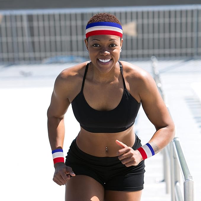 American Flag Sports Headband and Wristband- Striped Sweatband Set for Basketball, Football, Running, Gym, Exercise
