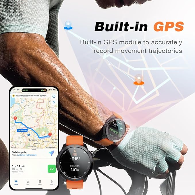 GPS Smart Watch for Men, 1.43'' AMOLED Smartwatch with Compass/Barometer/Altimeter, Heart Rate/Sleep Monitor, 30M Waterproof, 60+ Sports Fitness Tracker for Android/iOS, Black & Orange (2 Bands)