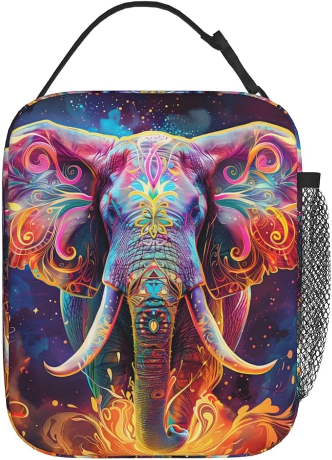 Colorful Elephant Lunch Box for Women Girls Kids, Insulated Cooler Vibrant Elephant Lunch Bag for School, Picnic, Office, Work, Travel, Portable Polyester Thermal Reusable Tote Lunch Bags