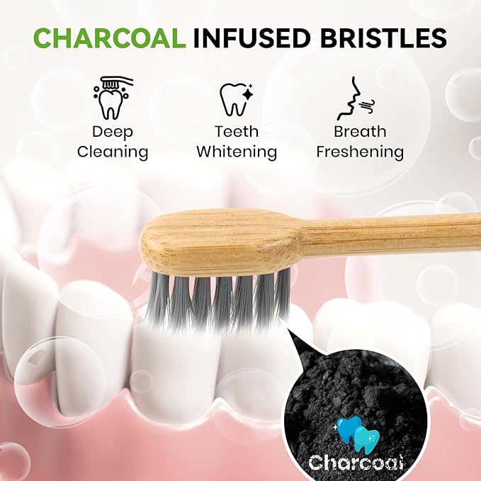 Bamboo Toothbrush Heads Compatible with Laifen, Soft Charcoal Infused Bristles, Whitening & Deep Cleaning