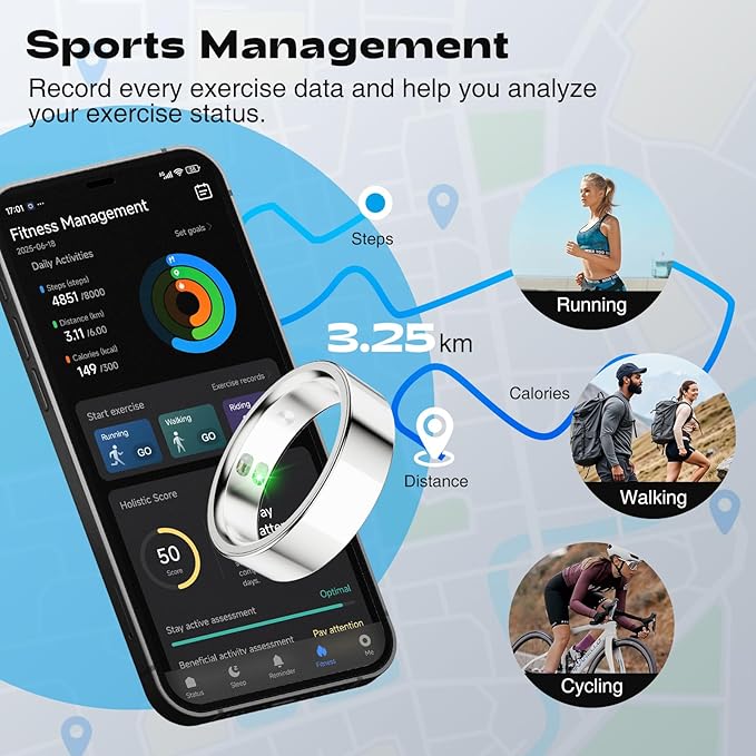 Smart Ring for Men Women - 5ATM Waterproof Health Fitness Tracker with Body Temperature Measurement, Heart Rate, Blood Oxygen, Sleep Monitoring, Step Counting for iOS and Android, No Subscription Fee