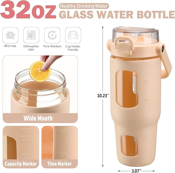 BLUEGO 32oz Glass Water Bottles with Straw Time Marker Half Gallon Large Motivational Water Bottle with Silicone Sleeve 2 Liter Large Glass Water Jug for Gym, Sports& Workout, Daily, Amber