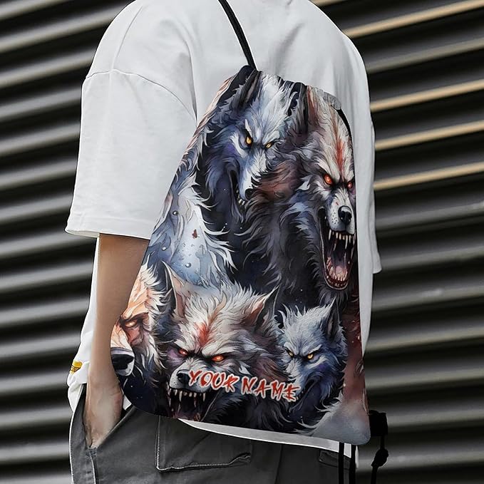 Custom Wolf Drawstring Backpack - Cute Cinch Sack, String Backpacks for Women Men Kids Boys Girls for Gym Outdoor Sports Travel Athletic Drawstring Bag - Lightweight/Foldable