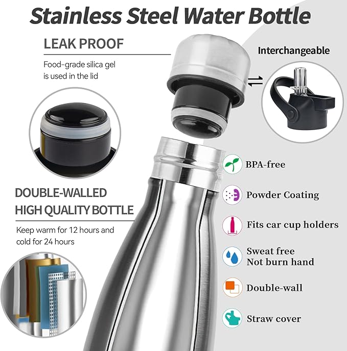 Insulated Water Bottle,12oz Stainless Steel Water Bottles with straw lid,Metal Sports Water Bottles for Boys,Girls,Double Wall Vacuum BPA-Free Flask for School, Sports & Travel-Sliver