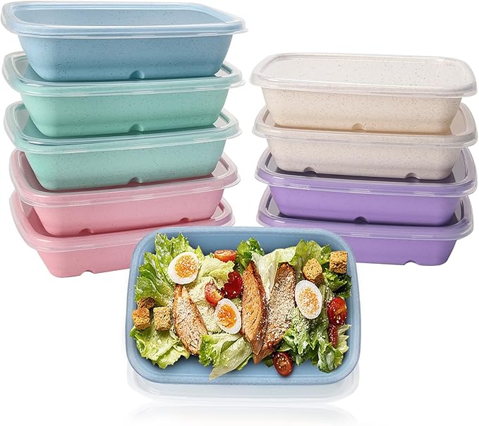 shopwithgreen Meal Prep Containers 1-Compartment, 10PCS Wheat Straw Microwave Bento Lunch Box with Lids, Reusable & Stackable Food Storage Containers, Dishwasher Freezer Safe BPA Free (32 OZ)