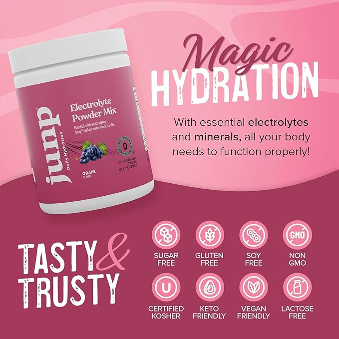 JUNP Electrolytes Powder No Sugar No Carbs – Vine Ripened Grape Keto Electrolyte Drink Mix - Potassium & Salt Hydration Powder Electrolytes Zero Calorie Sugar Free Electrolyte Powder, 90 Servings