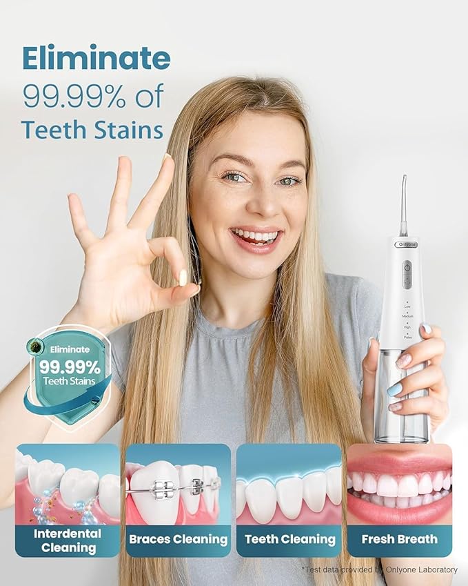 Onlyone Water Dental Flosser, 300ML Portable Oral Irrigator for Teeth, 4 Modes and 5 Jet Tips,Rechargeable Irrigation Cleaner,Electric Flossing Machine Power Flossers & Irrigator Accessories White