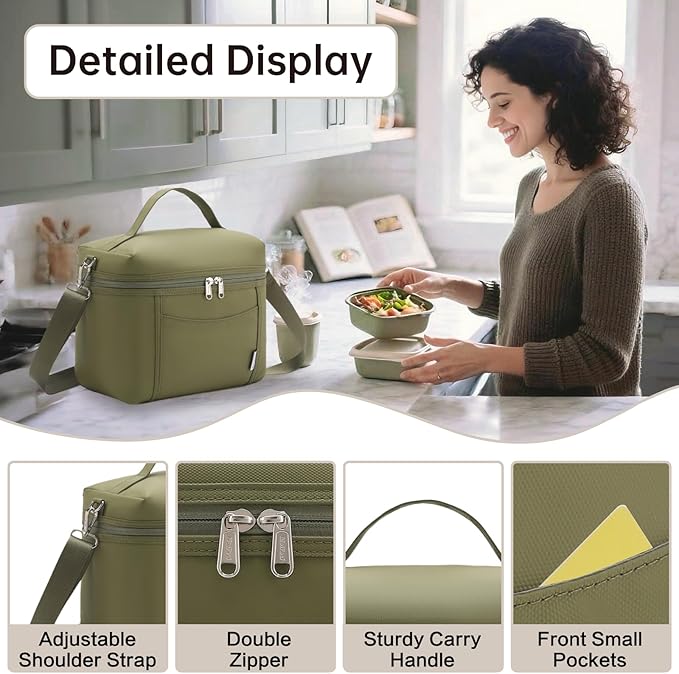 Insulated Lunch Bag for Men Women Leakproof Lunch Cooler Bag Adult Portable Lunch Box Bag with Adjustable Strap Lunch Box for Office Picnic Army Green