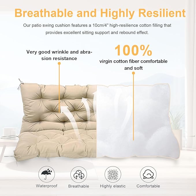 Porch Swing Cushion with Backrest,Waterproof Bench Cushion for Outdoor Furniture,2-3 Seater Replacement Thickened Swing Cushion with Ties,Patio,Outdoor,Backyard and Garden (Dark Gray,40x40)