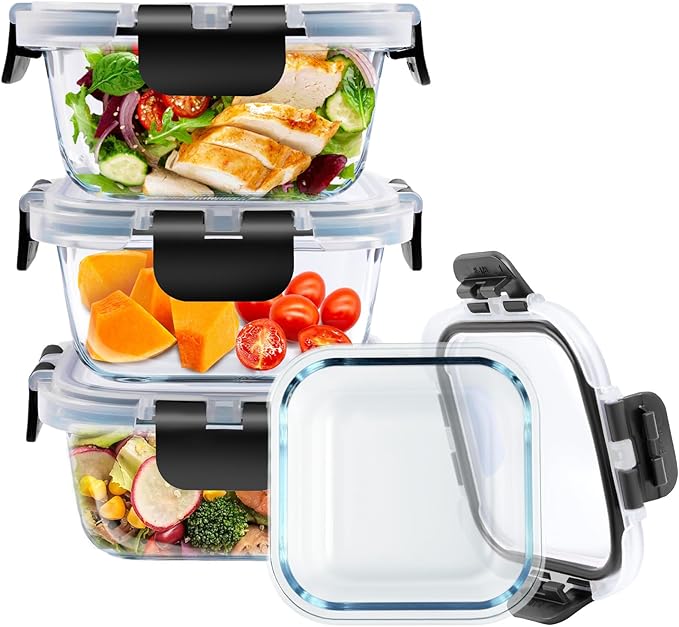 3 Pack Bariatric Meal Prep Containers, 8 oz Glass Bowls for Portion Control, Reusable Glass Lunch Box Bento Snack Food Containers with BPA Free Airtight Lids, Bariatric Must Haves