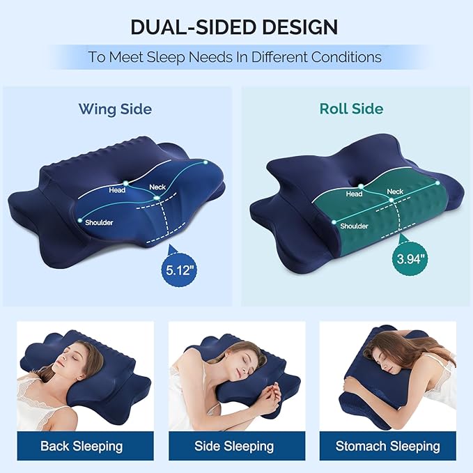 Cervical Pillow for Neck Pain Relief - Cooling Ergonomic Dual-Sided Orthopedic Neck Pillow with Ice Silk Pillowcase, Breathable Memory Foam Contour Pillow for Side, Back, Stomach Sleepers