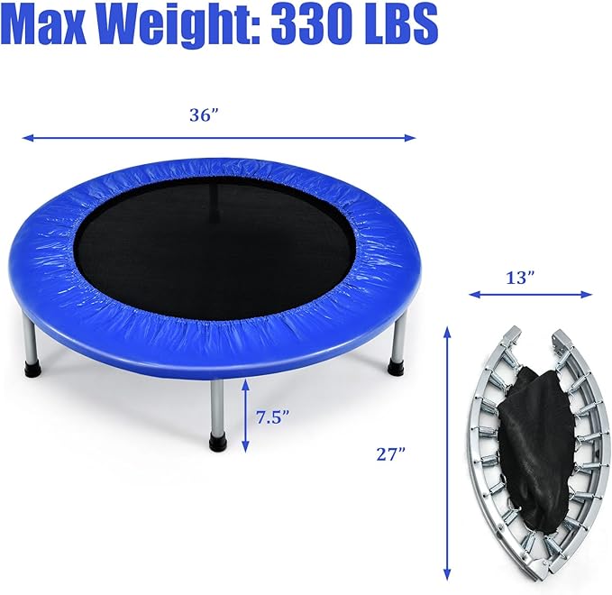 GYMAX Rebounder Trampoline for Adults, Mini Exercise Trampoline with Safety Pad, Foldable Rebounding Fitness Trampoline for Indoor/Outdoor, Small Workout Trampoline for Adults (Blue)