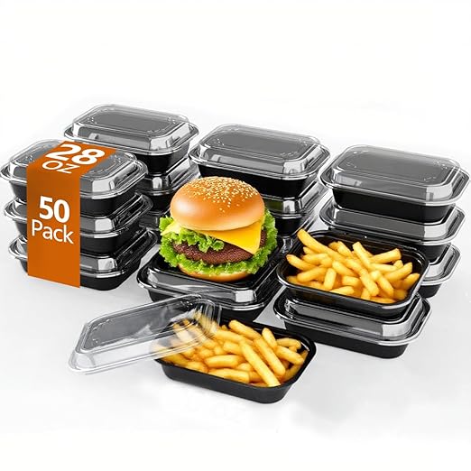 50 Pack (100-Piece) - 28oz Meal Prep Containers Salad & Snack Storage for Lunch | BPA Free & Leakproof Food Containers | To Go Take Out Plastic Bento Box | Microwave, Freezer, Dishwasher Safe