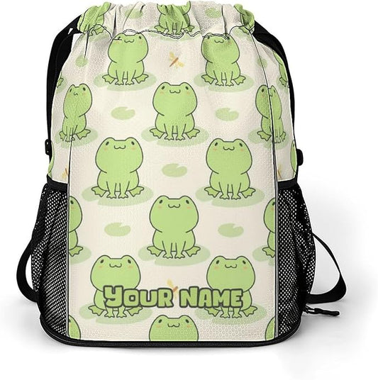 Custom Frog Drawstring Backpack - Cute Cinch Sack, String Backpacks with Pocket for Kids Women Men Boys Girls for Gym Outdoor Sports Travel Athletic Drawstring Bag - Lightweight/Foldable