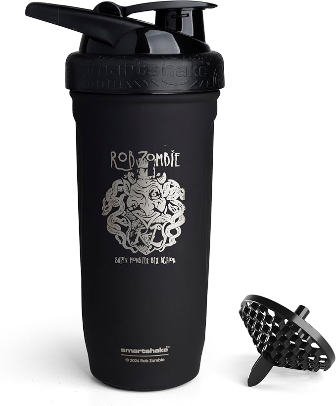 Smartshake Rockband Reforce Stainless Steel Protein Shaker Bottle 900 ml | 30 oz - Leakproof Screw-on Lid - BPA Free Non Insulated – Unisex - R. Zombie Logo on Bottle