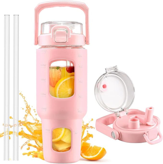 BLUEGO 40oz Glass Tumbler with Lid and Straw, Glass Water Bottles with Handle, Glass Cup with Time Marker and Silicone Sleeve, Fits Most Cup Holder, Leak-proof, Pink
