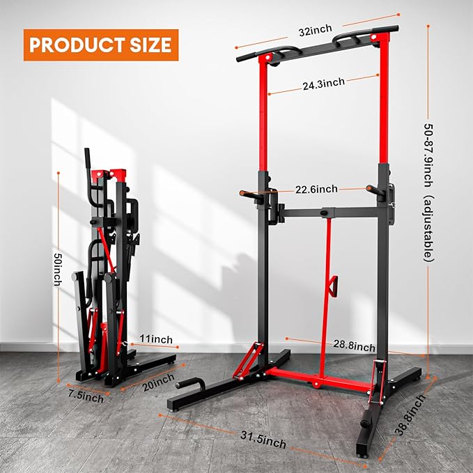 ONETWOFIT Foldable Power Tower Pull Up Bar Station, Multi-Function Adjustable Height Dip Station for Home Gym Workout, Strength Training Fitness Equipment, Pull Up Stand