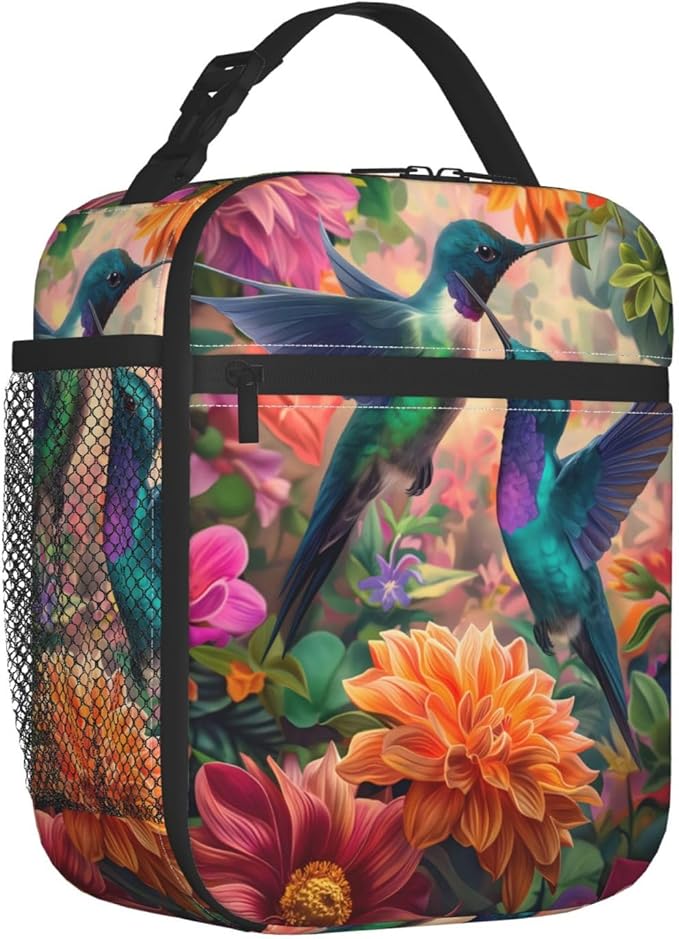 Insulated Lunch Box for Women Men, Hummingbird Floral Lunch Box Reusable Portable Lunch Bag Cooler Tote Waterproof Lunch Container for Office Picnic Work Travel Hiking,Hummingbird
