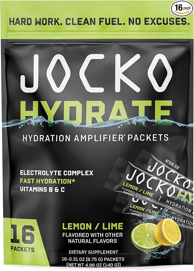 Jocko Fuel Packets Low Sugar - Hydration Amplifier Packets for Recovery, Dehydration, & Exercise - with Vitamins B6, B12 & C (16 Packets) Lemon Lime