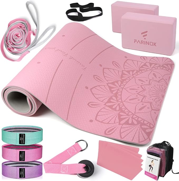1/3 Yoga Mat Thick, Yoga Set for Beginners Include High Density Mat with Multi-loops Strap, Blocks, Booty Resistance Band Set, Door Anchor, Carring Bag & Strap