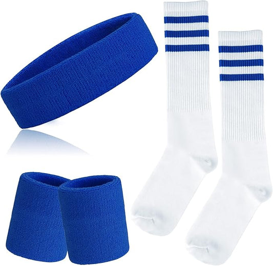 ONUPGO 5 Pieces Sweatbands Striped Socks Set Sports Headband Wristbands High Tube Socks 80s Accessories Costumes