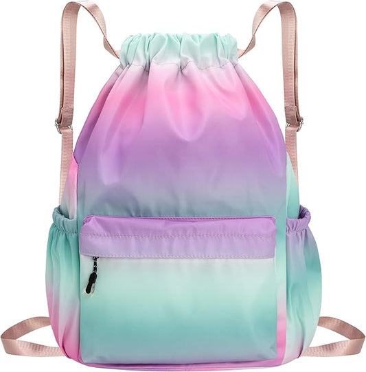 HOLYLUCK Drawstring Backpack Sports Gym Bag Water Resistant String Bag Cinch Sackpack with Side Zipper Pocket for Shopping Sport Yoga - Blue-violet gradient