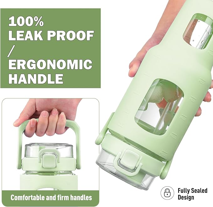 BLUEGO 40 oz Glass Water Bottle with Straw, Leakproof Glass Drinking Bottle with Time Marker and Silicone Sleeve, Wide Mouth for Travel, Gym, Workout, Green