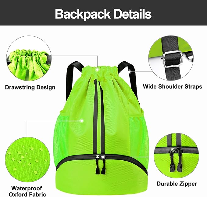 Hoedia Sports Drawstring Backpack - String Swim Gym Bag with Shoes Compartment and Wet Proof Pocket for Women&Men (Green)