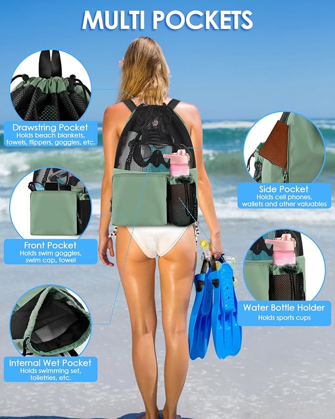 BROTOU Swim Bag Beach Backpack with Wet Pocket Mesh Drawstring Bags for Swimming, Gym