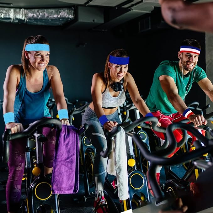 24 Pcs Neon Sweatbands Set Include 8 Pcs Sports Headband and 16 Pcs Cotton Wristbands 80s Neon Sweat Bands Bulk for Gym, Tennis, Basketball, Running, Exercise