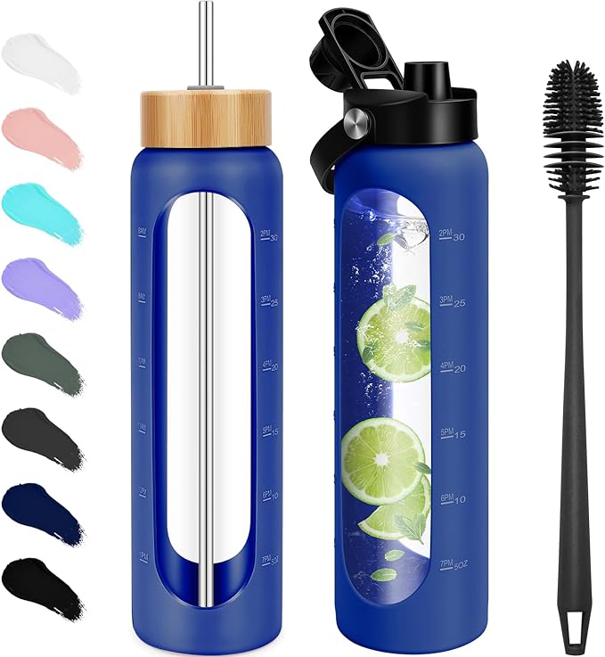 32 oz Glass Water Bottles - 1 Liter Motivational Tumbler Water Bottle Time Marker - Borosilicate Glass Water Bottle With Silicone Sleeve and 2 Lids, Handle Spout & Bamboo Straw Lid