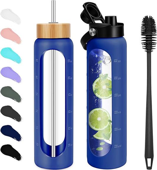 32 oz Glass Water Bottles - 1 Liter Motivational Tumbler Water Bottle Time Marker - Borosilicate Glass Water Bottle With Silicone Sleeve and 2 Lids, Handle Spout & Bamboo Straw Lid