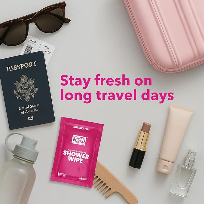 Super Fresh Shower Wipes Large RoseWater Body Wipes for No Rinse Bathing Personal Hygiene Gym Travel or Camping Enriched with Aloe and Vitamin E 20 Individually Wrapped Disposable Sheets