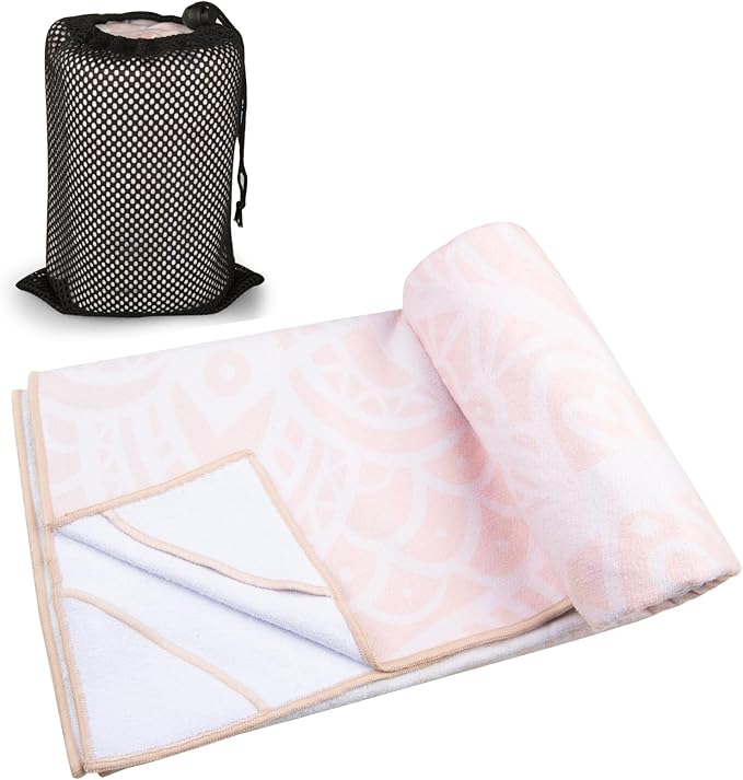 Colorful Star Large Yoga Towel with Corner Pockets, Non Slip Grip Dots Sweat Absorbent Hot Yoga Mat Towels, Yoga Blankets with Travel Bag, Mat Cover for Workout, Gym, Fitness - 74"x26", Pink Mandala