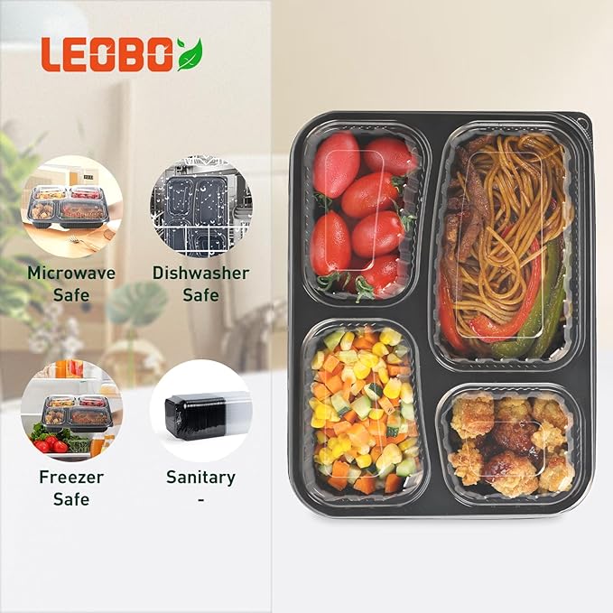 Meal Prep Containers 34oz 40 Pack - BPA Free PP Plastic Shrink Wrap & Leak Proof Takeout Box | Dishwasher Freezer & Microwave Safe Reusable for Bulk Cooking | Black 4 Compartment Food container
