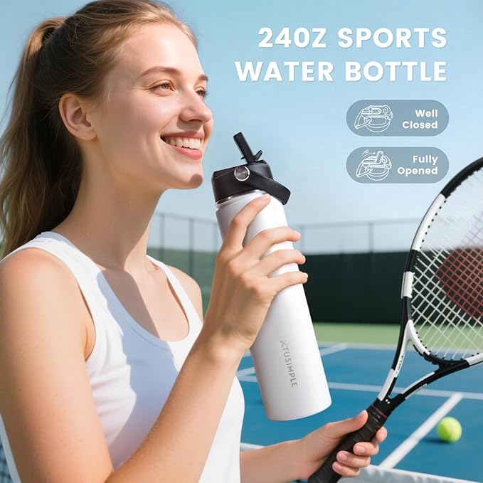 24oz Insulated Travel Water Bottle - Stainless Steel, Leakproof - Keep Hot for 12hrs & Cold for 30hrs - for Outdoors, Sports, Bike, Gym, Marathon - Gift for Women, Men (White)