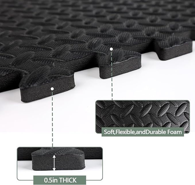 0.5in Thick Interlocking Exercise Mats,24 x 24in High-Density EVA Interlocking Foam Floor Tiles – Puzzle Gym Mat for Home Gym, Workout Equipment, Weightlifting, Kids Play Area