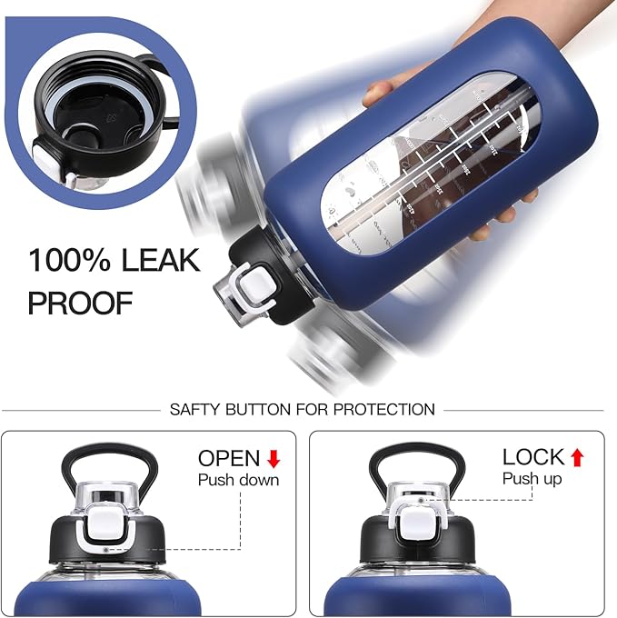 64 oz Glass Water Bolttles with Straw Half Gallon Large Motivational Water Bottle with Time Marker Sports Water Bottles with Silicone Sleeve and Handle Lid Water Jug for Gym Workout