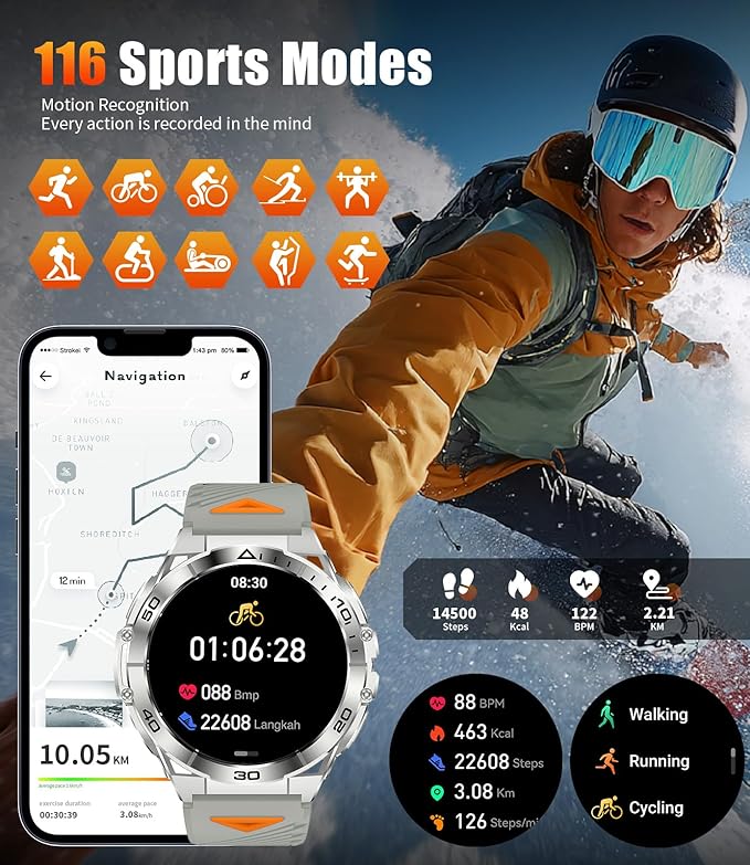 EF16 Smart Watch for Men with Bluetooth Call, 1.6" AMOLED Fitness Tracker Watches, 600mAh Battery/2 Straps/100+ Sports/IP68 Waterproof/LED Flashlight Smartwatch for Android iPhone Compatible