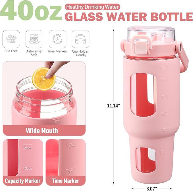 BLUEGO 40 oz Glass Water Bottles with Straw Time Marker, Glass Tumbler with Handle Top Lids, Easy to Clean, Fits in Car Cup Holder, Leakproof Jug for Gym, Sports, Workout & Daily, Pink