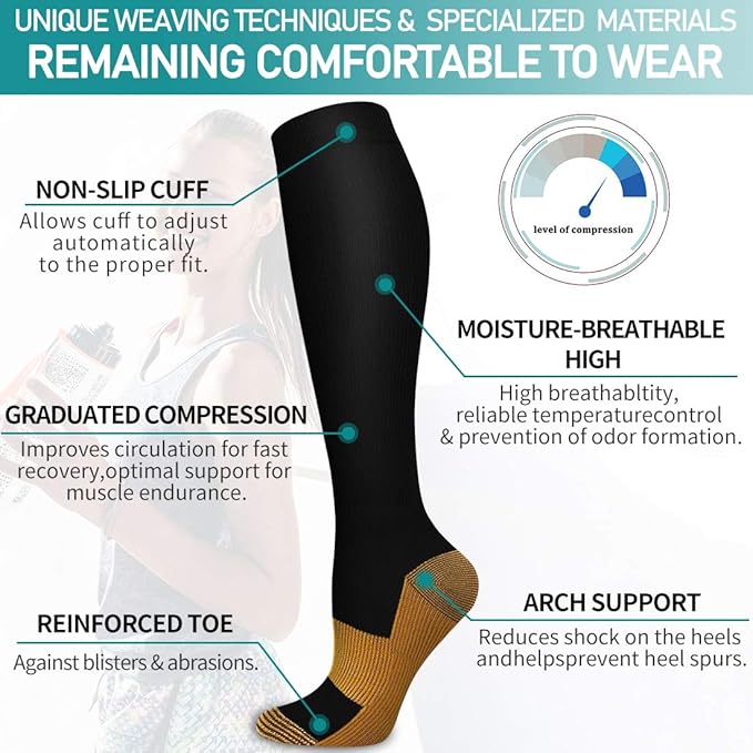 Copper Compression Socks for Women and Men(6 Pairs)-Best Support for Running, Athletic, Nursing, Travel