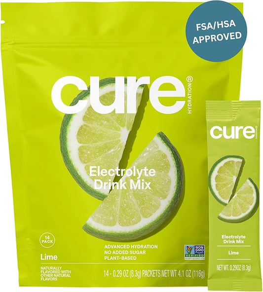 Cure Hydration | Plant-Based Electrolyte Drink Mix | No Added Sugar | FSA-HSA | Dehydration Relief Powder Made with Coconut Water | Non-GMO | Vegan | Pouch of 14 Packets - Lime