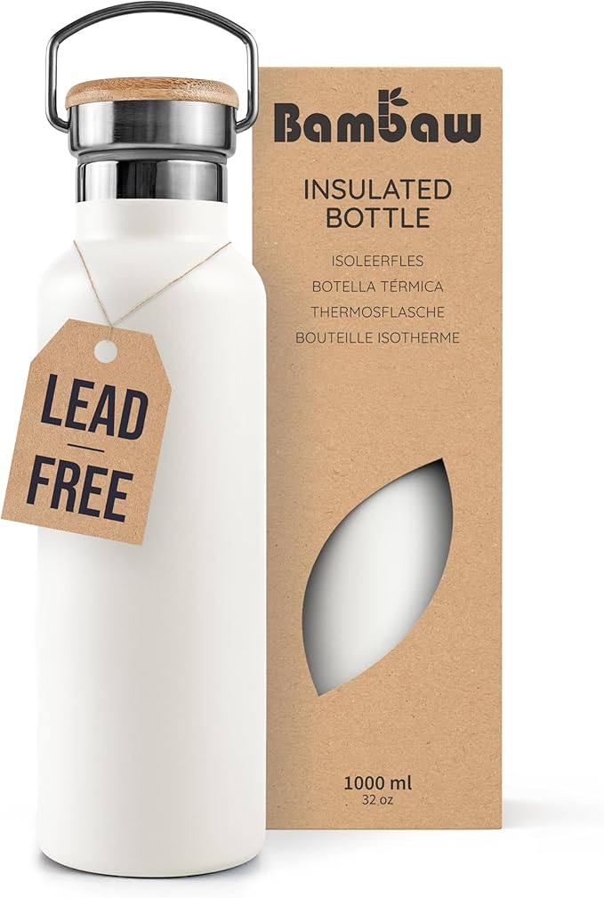 Bambaw Insulated Water Bottle 1l, White Water Bottle, Stainless Steel Water Bottle, Leakproof Water Bottle, 1 Liter Water Bottle, 1l Insulated Water Bottle, Thermos Water Bottle – Polar White