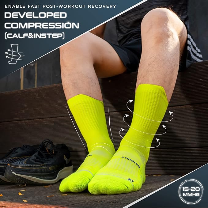 Compression Running Socks 3 Pairs, Cushion Crew Socks, Anti-Blister Moisture Wicking Athletic Hiking Basketball Socks