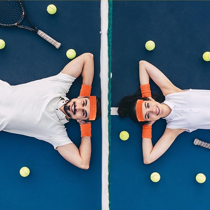 Civaner 12 Pcs 80s 90s Sweatbands Neon Headbands Wristbands for Men Women Party Sports Cotton Headbands Terry Cloth Athletic Sweat Bands for Tennis Football Gym Workingout Accessories